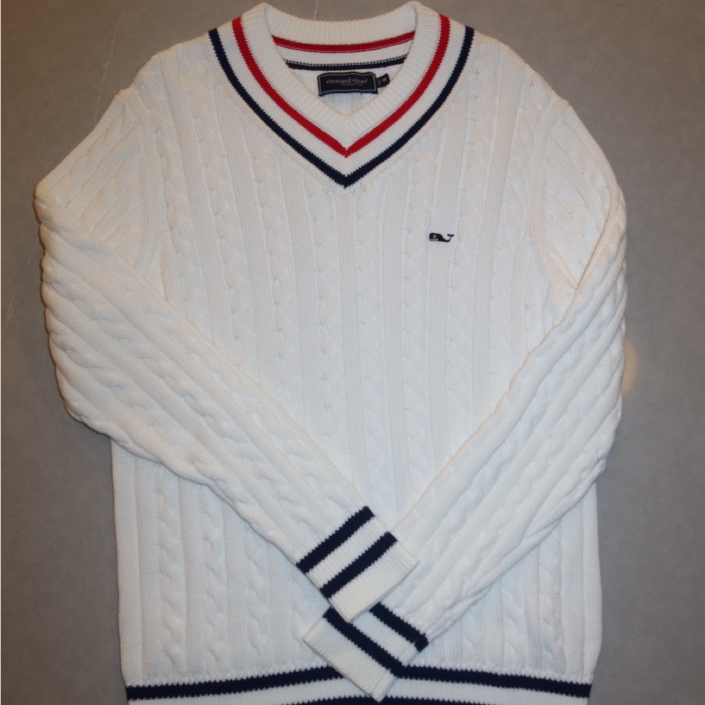 Vineyard Vines White V-Neck Sweater with Red and Blue Trim